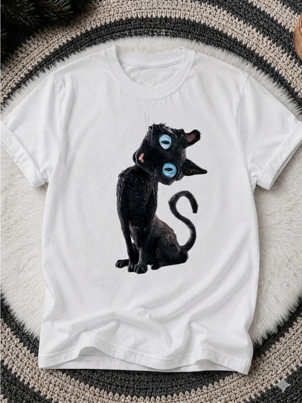 Cora-line Big Eyed Cat Whimsical Animal Graphic T-Shirt with Black Cat Unisex